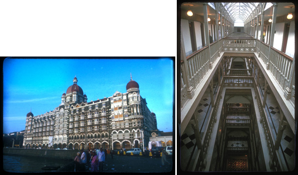 View from room in the Taj Mahal Hotel, and magnificent interior atrium design
