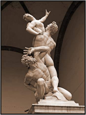 Rape of the Sabine Women by Giambologna in Florence, Loggia dei Lanzi, seen from the Piazza della Signoria